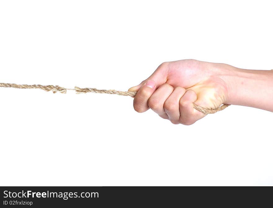 Conceptual image, hands pulling on a white rope. Hands isolated in withe background. Conceptual image, hands pulling on a white rope. Hands isolated in withe background