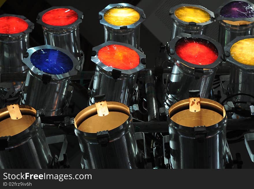 Colorful glass and steel flood lights over the stage. Colorful glass and steel flood lights over the stage.