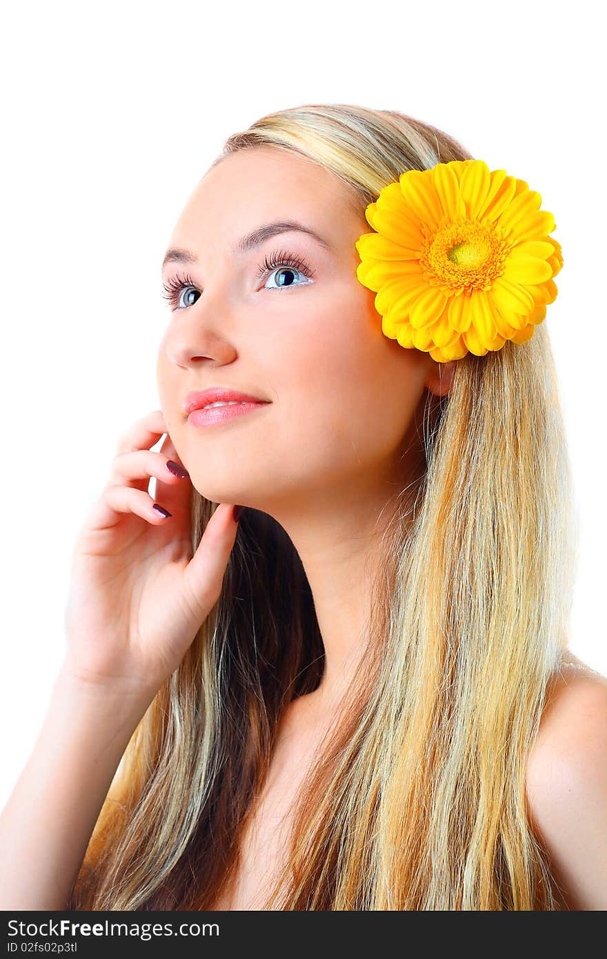 Sensual portrait of beautiful young blond woman with flower. Isolated on white background. Sensual portrait of beautiful young blond woman with flower. Isolated on white background