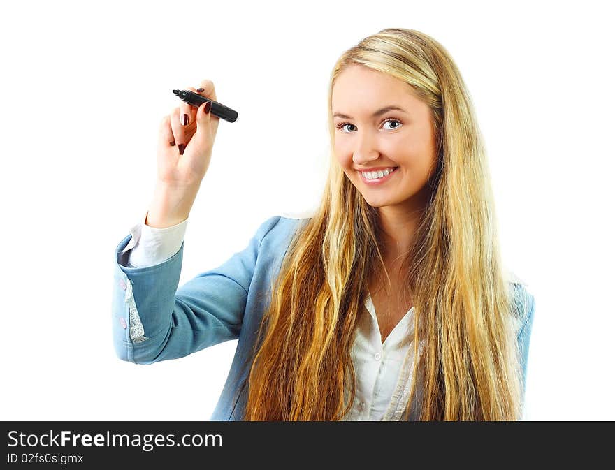 Young woman drawing with marker on white background