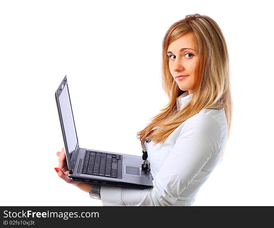 Business woman with laptop isolated on a white background