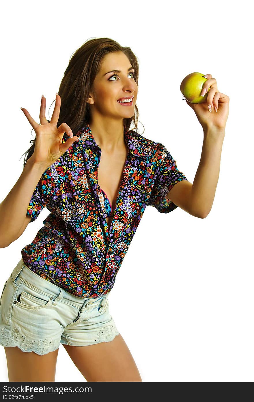 Beauty girl with apple in hand on white background. Beauty girl with apple in hand on white background