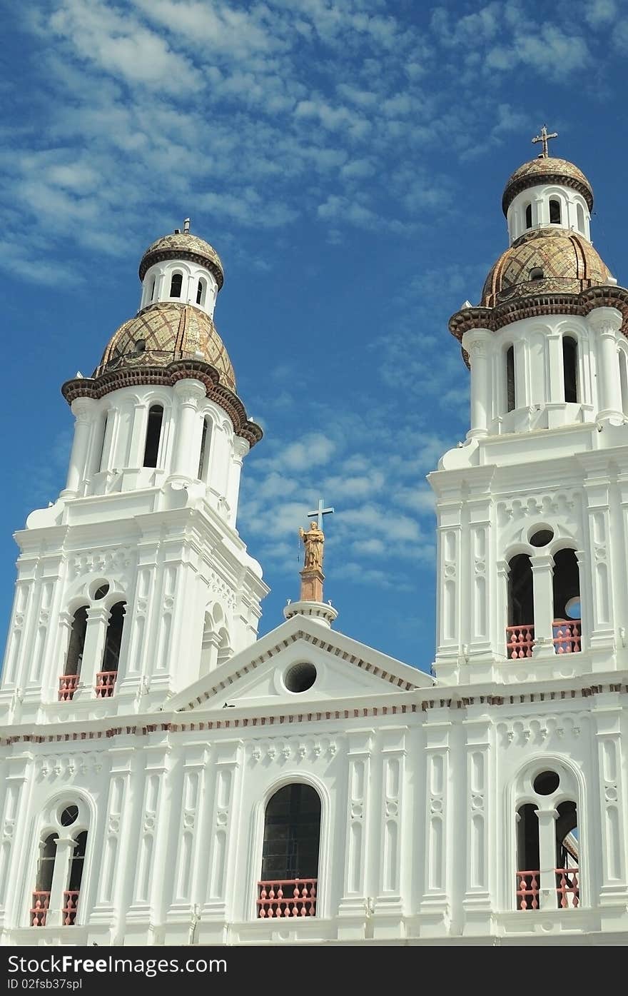 White church in Cuenca, Old conquistador´s Town de Ecuador, in clear spring day