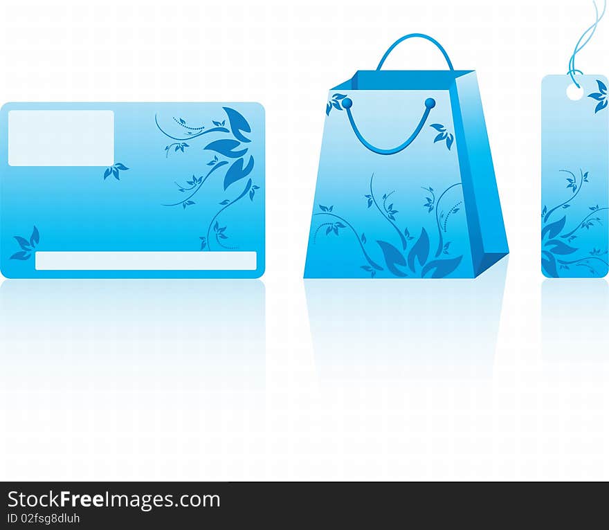 Blue shopping set. Many decorative elements. Isolated on a white background. Vector will be aditional