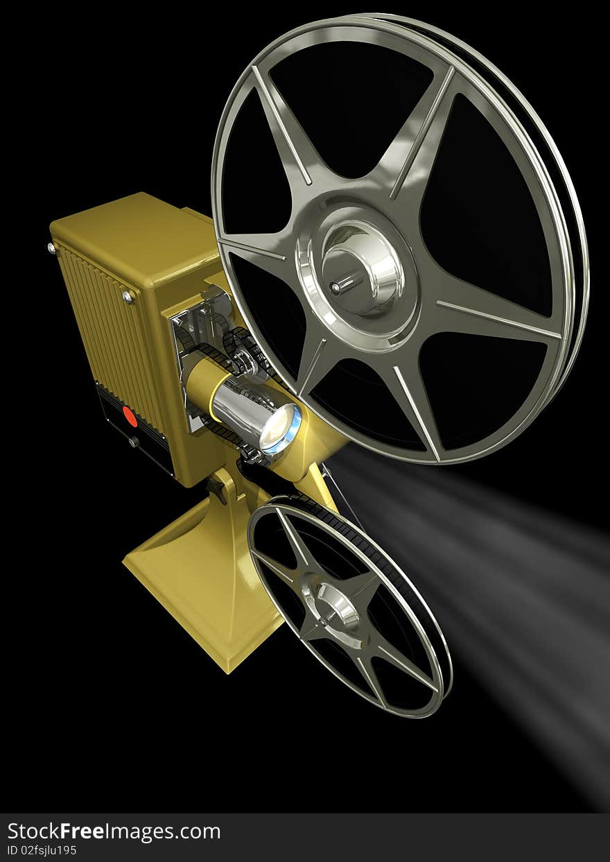 On 3d image render of film projector show film on black background. On 3d image render of film projector show film on black background