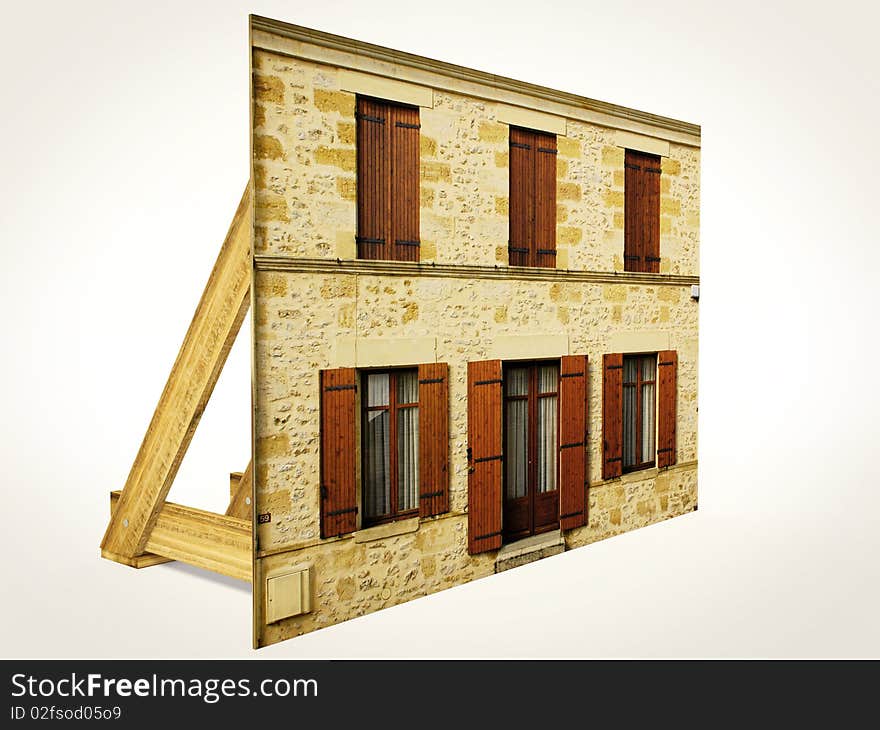 Old fake facade on white background isolated