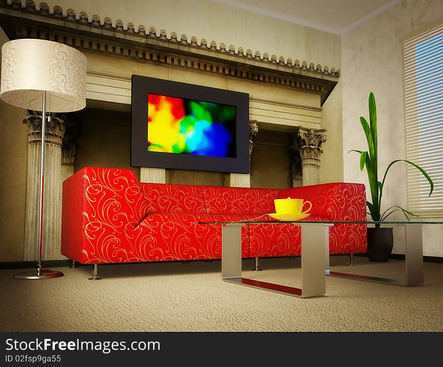 Red sofa in modern interior room