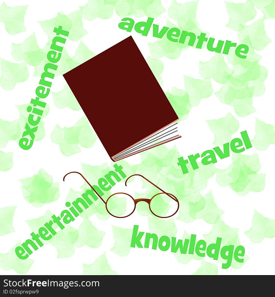 Book and reading glasses on background of ivy. Book and reading glasses on background of ivy