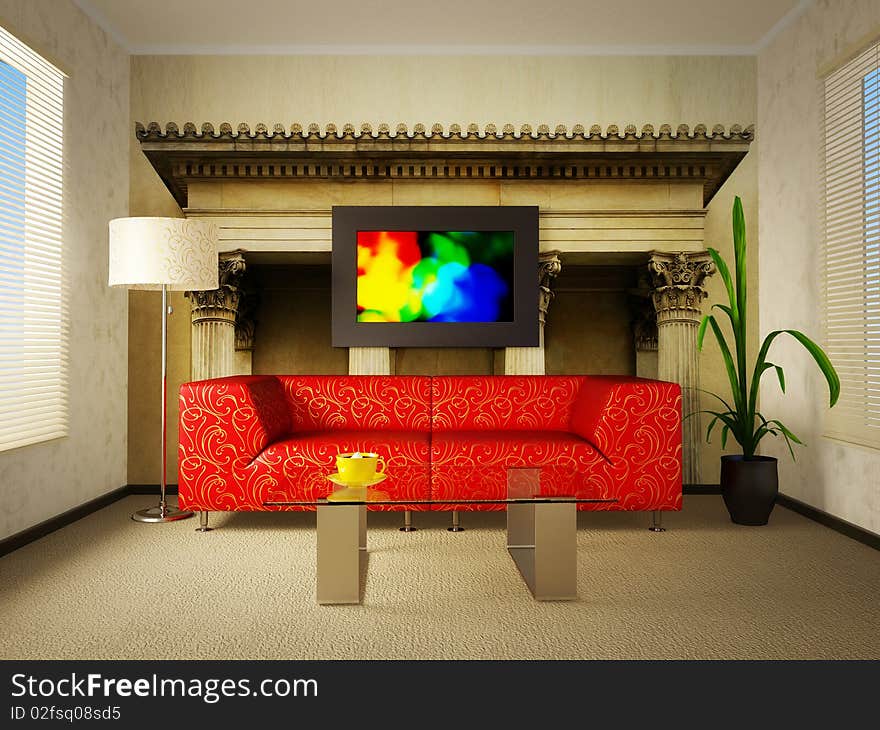 Modern interior room with red sofa