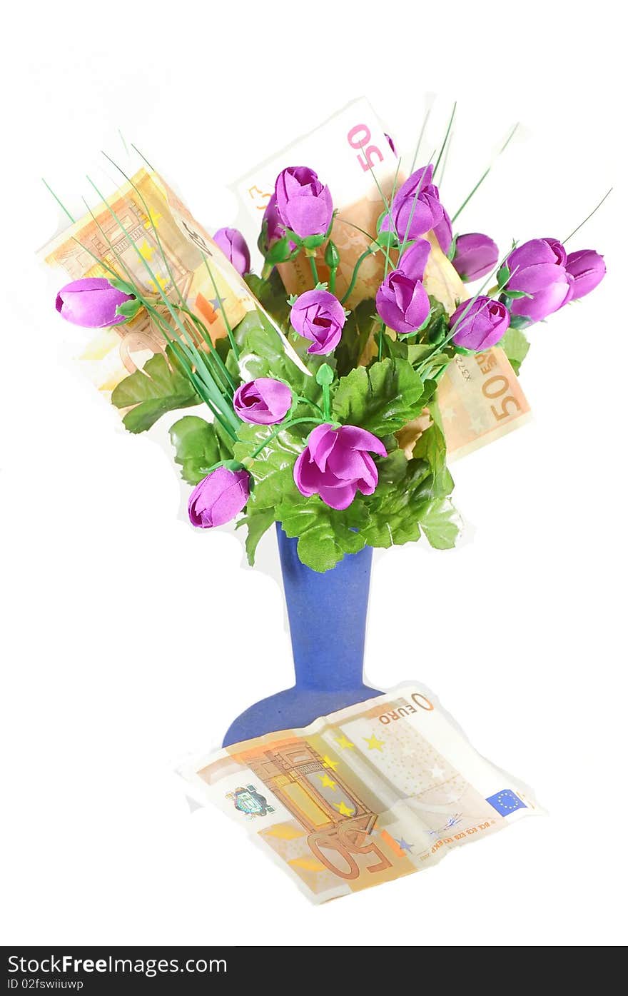 Picture shows a bouquet of flowers in a vase. The flowers are to imitate the European money list. Picture shows a bouquet of flowers in a vase. The flowers are to imitate the European money list.