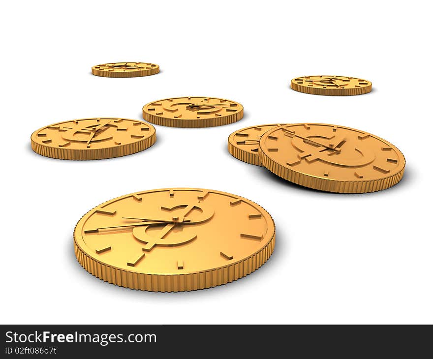 Golden coins with clock pointers on the white background. Golden coins with clock pointers on the white background.