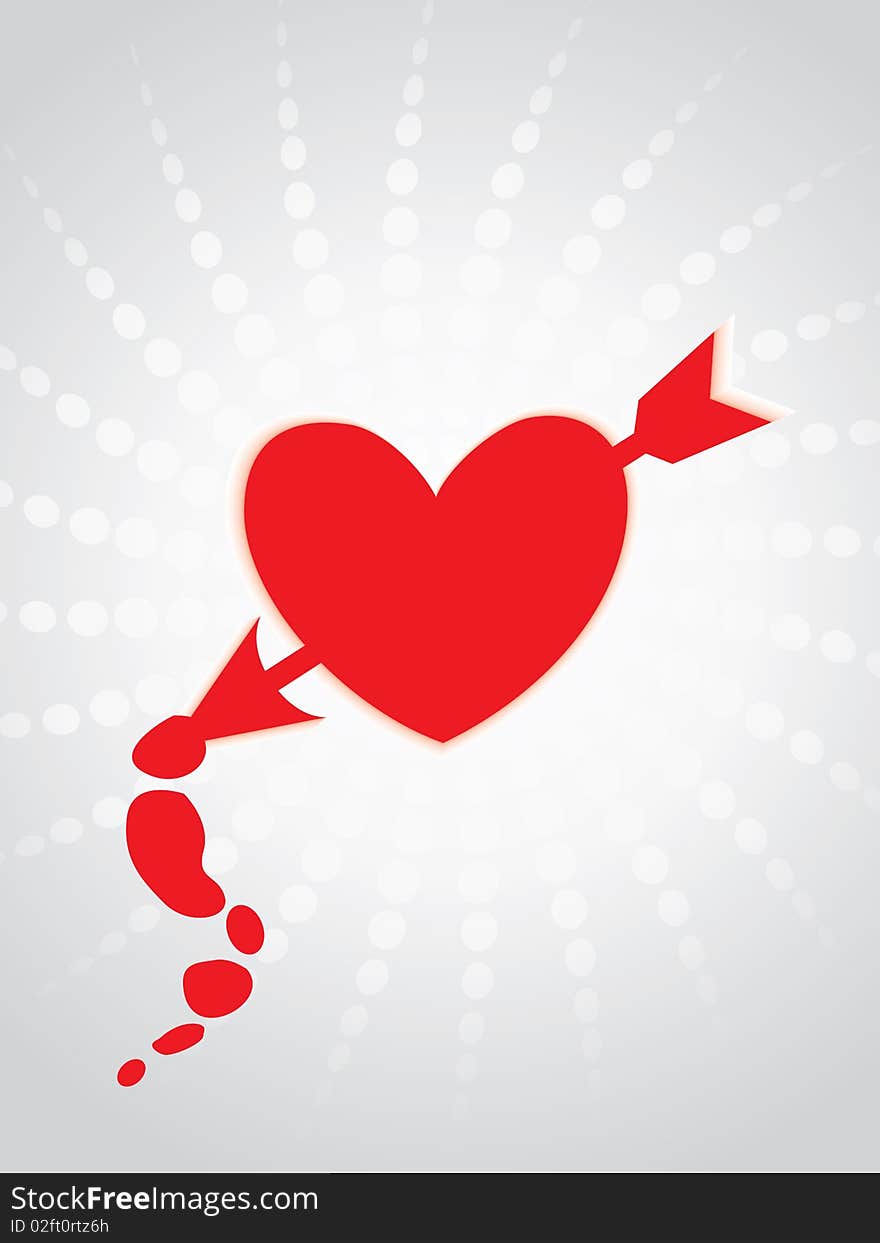 This image is a illustration of Red heart pierced by Cupid's arrow with blood dots. This image is a illustration of Red heart pierced by Cupid's arrow with blood dots.