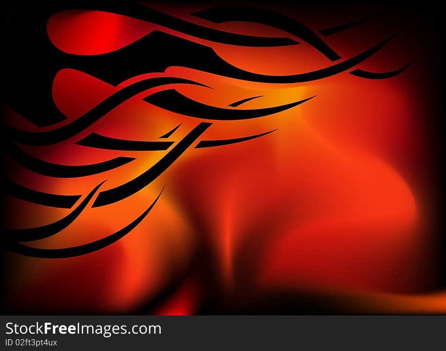 Stylized black flame on the background of photo-realistic fire. Stylized black flame on the background of photo-realistic fire