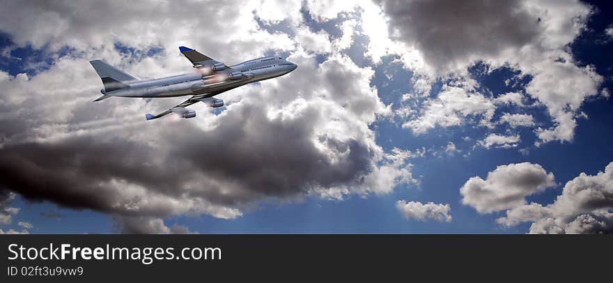 A 747 plane flying away through the clouds under a deep blue sky. A 747 plane flying away through the clouds under a deep blue sky.