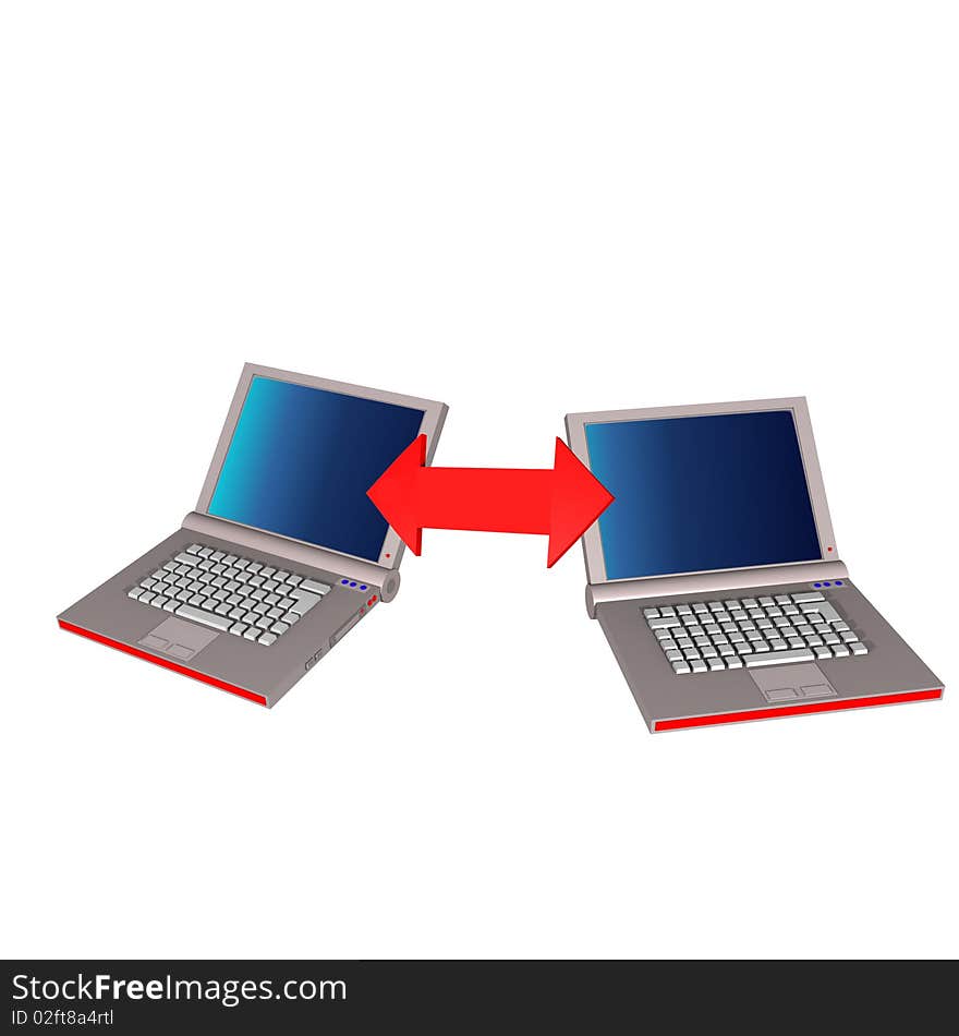 Two 3d laptops connected with an arrow. Two 3d laptops connected with an arrow