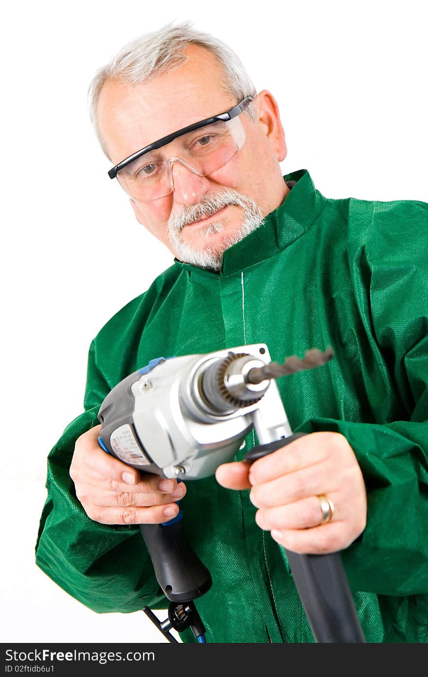 Construction worker holding the electric hand drill. Construction worker holding the electric hand drill