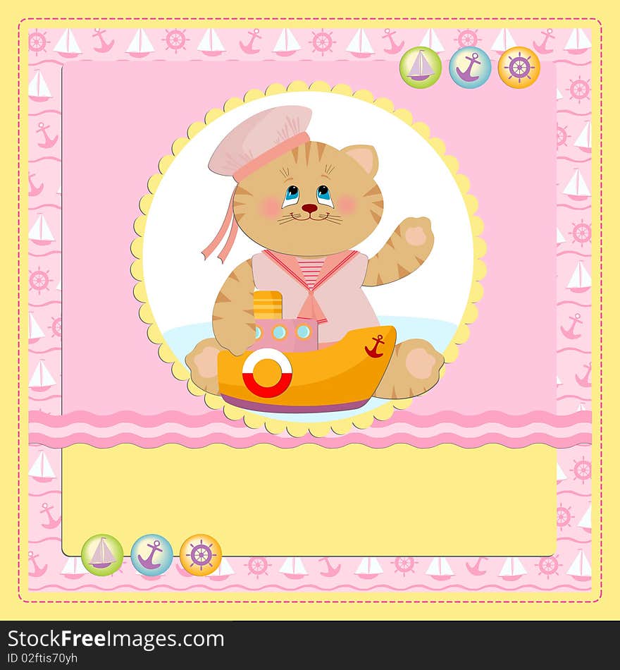 Baby's postcard with sailor cat in pink colors