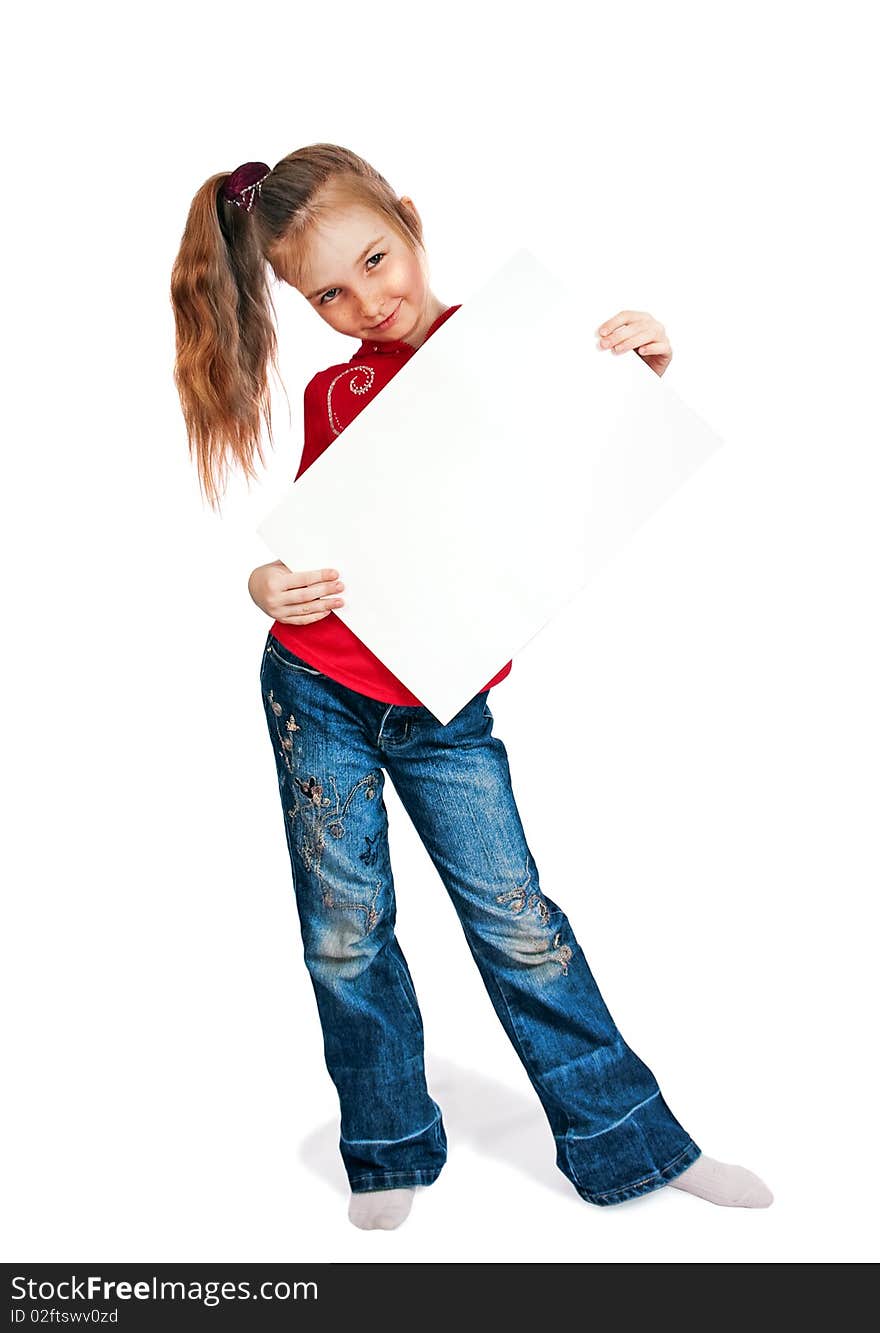 Little girl keeps card isolated on white