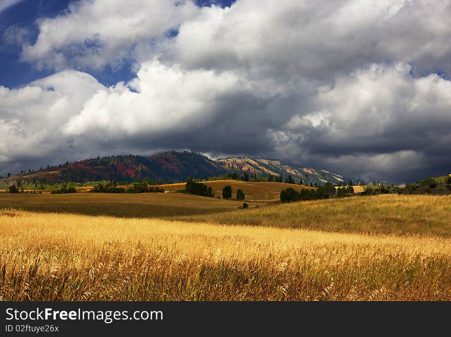 Storm on a high mountain farm in the fall