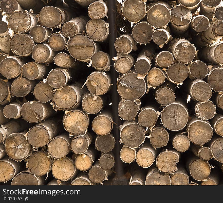 Birch burnt together in a bundle of firewood. Close-up. Straight saw cut. Birch burnt together in a bundle of firewood. Close-up. Straight saw cut.