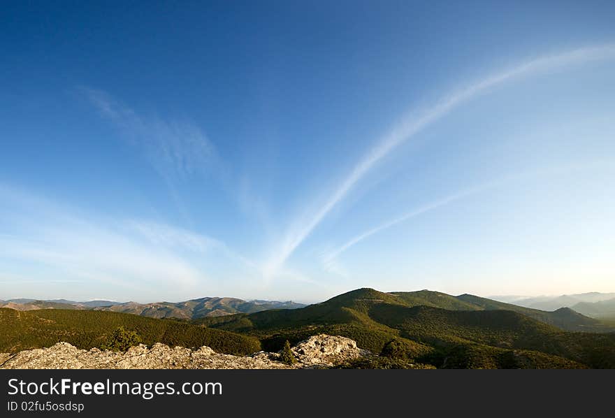 Crimea mountains, view to sky from tableland