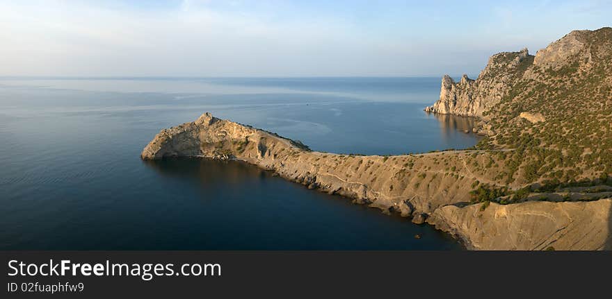 Crimea mountains and Black sea landscape, early morning. Crimea mountains and Black sea landscape, early morning