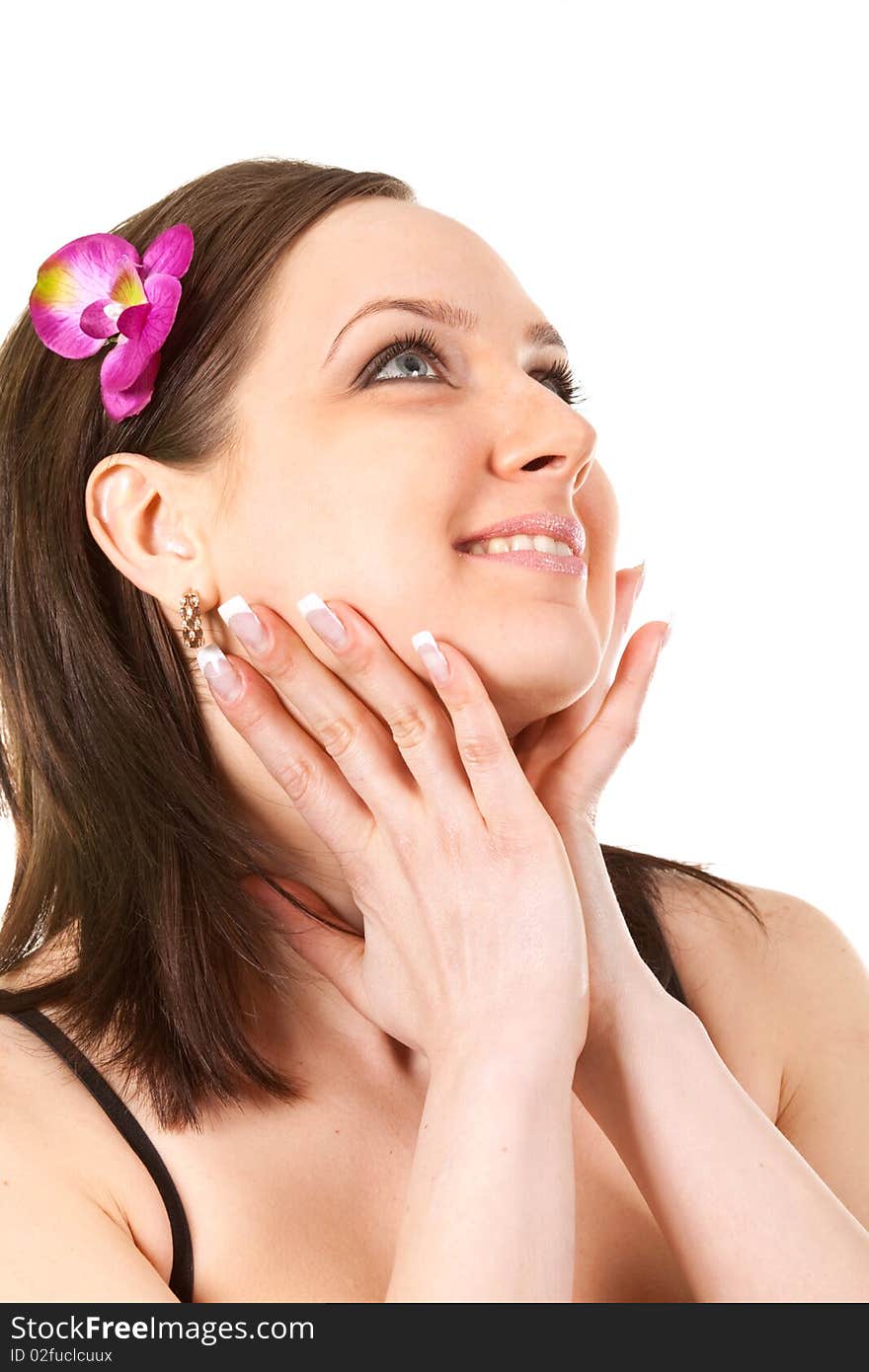 Beautiful woman with flower in her hairs at spa. Beautiful woman with flower in her hairs at spa