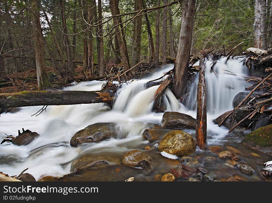 Beautiful cascade in the forest from Cap Tourmente Reserve Quebec Canada. Flowing water with stone. Beautiful cascade in the forest from Cap Tourmente Reserve Quebec Canada. Flowing water with stone.