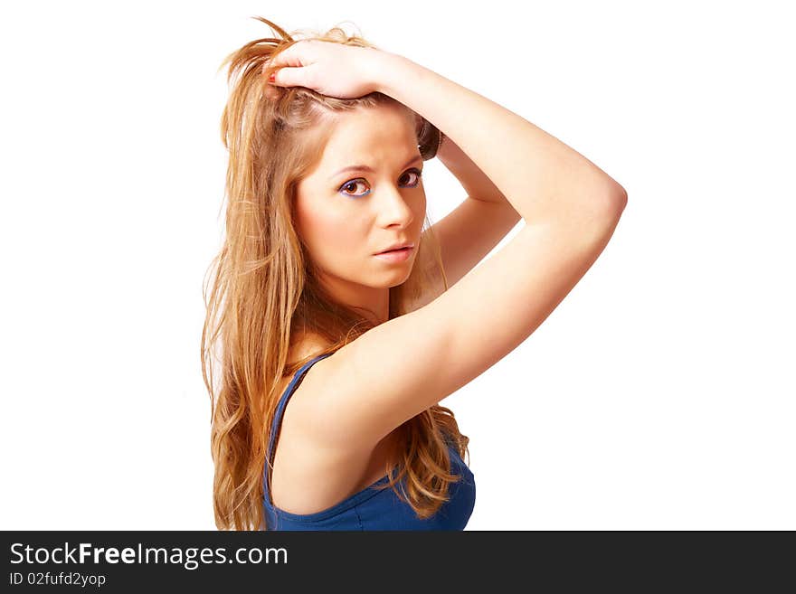 Portrait of young woman face with long blond hair and beautiful modern make-up. Portrait of young woman face with long blond hair and beautiful modern make-up.