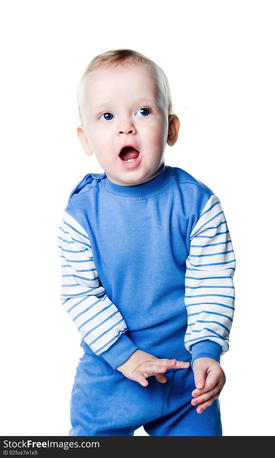 Cute little boy close-up on white background