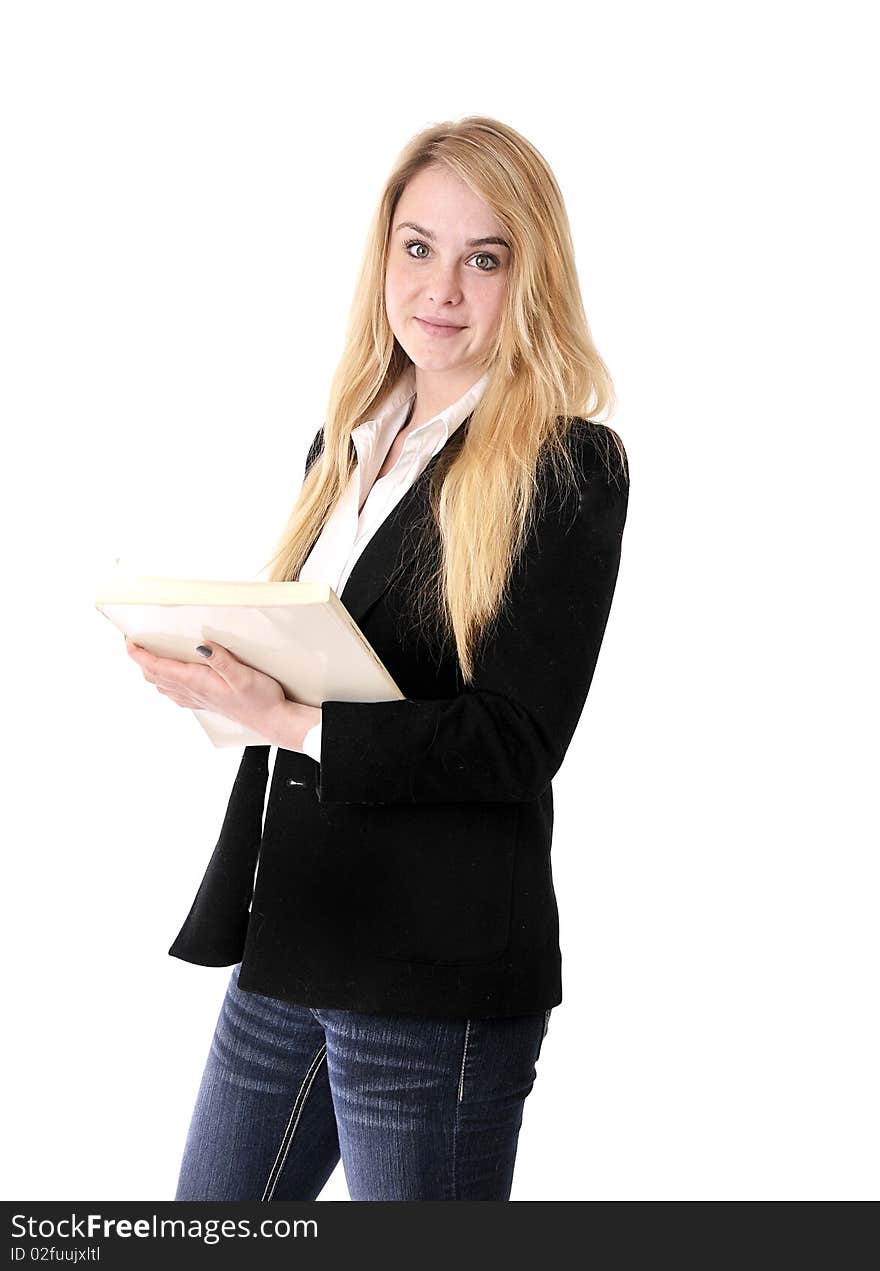 Young woman with books smiling. Young woman with books smiling