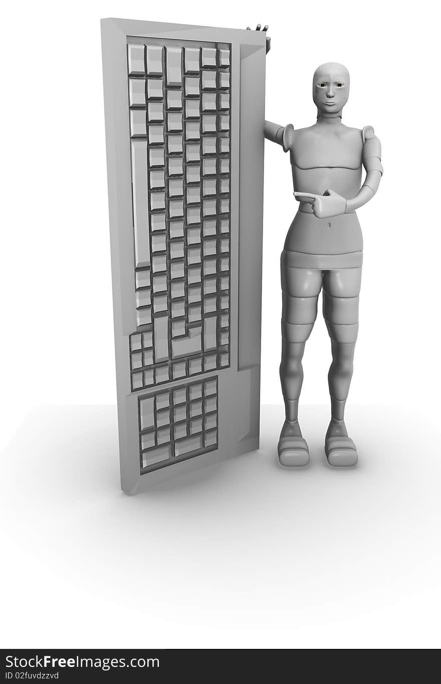 Female android with computer keyboard