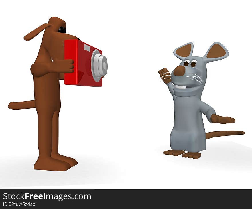 3d illustration of a dog taking a picture with a mouse. 3d illustration of a dog taking a picture with a mouse