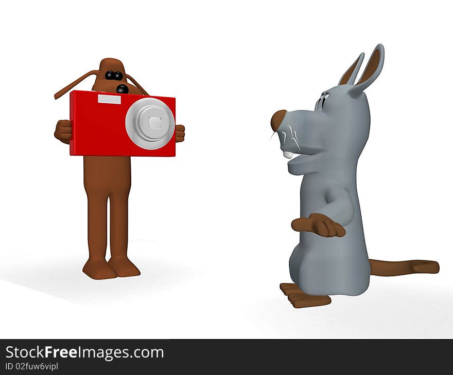 3d illustration of a dog taking a picture with a mouse. 3d illustration of a dog taking a picture with a mouse