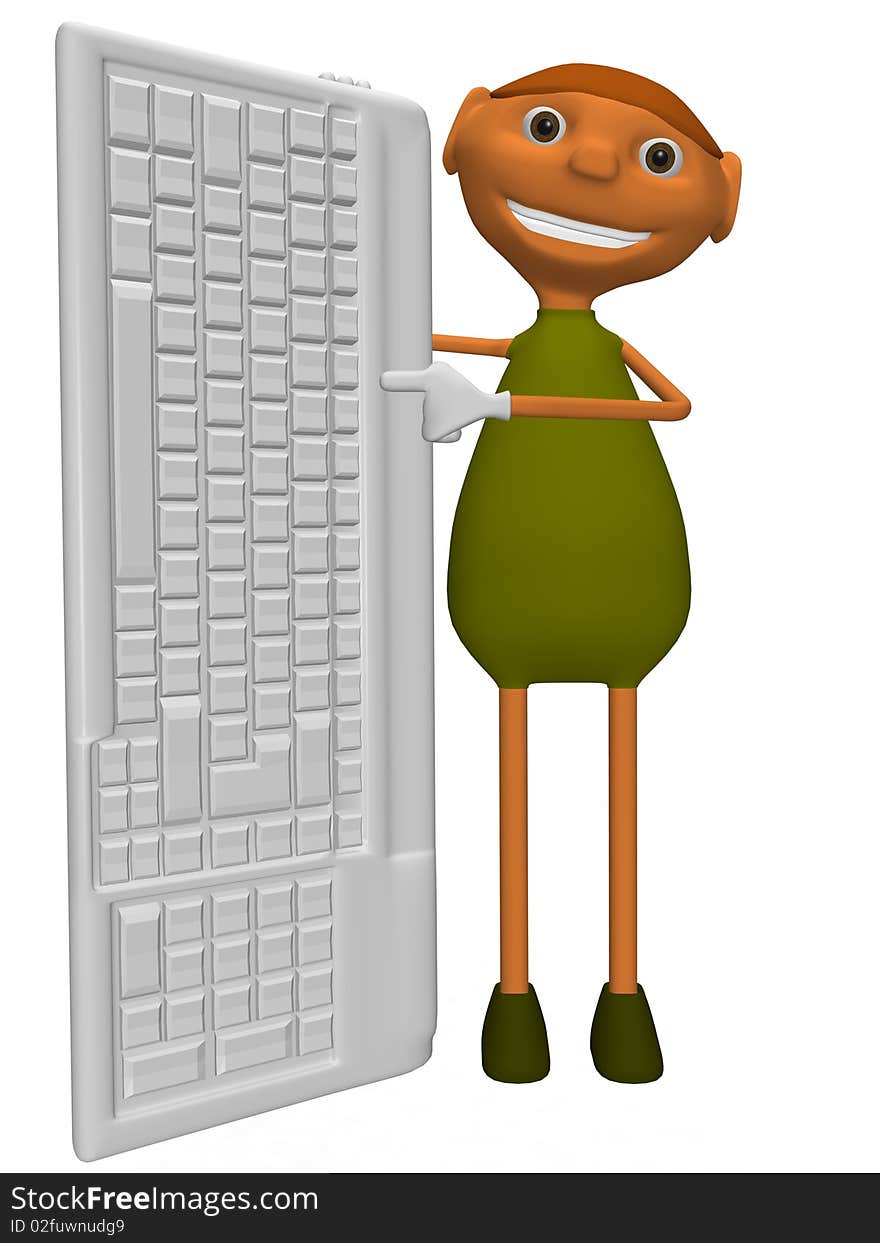 3d illustration of a goblin with a computer keyboard. 3d illustration of a goblin with a computer keyboard