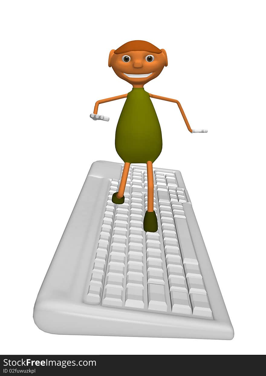 3d illustration of a goblin that makes surfing on a computer keyboard. 3d illustration of a goblin that makes surfing on a computer keyboard