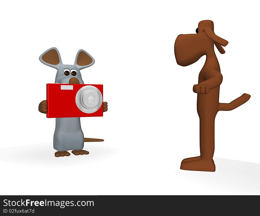 3d illustration of a cute mouse that snaps a picture of a cute dog. 3d illustration of a cute mouse that snaps a picture of a cute dog