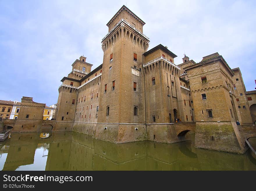 view of the moated castle of Ferrara