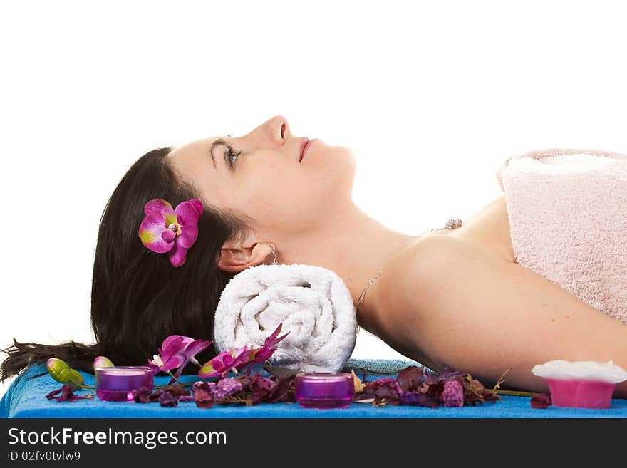 Beautiful woman with flower in her hairs at spa. Beautiful woman with flower in her hairs at spa