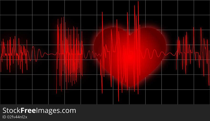 The cardiogramme of red colour on black background with heart