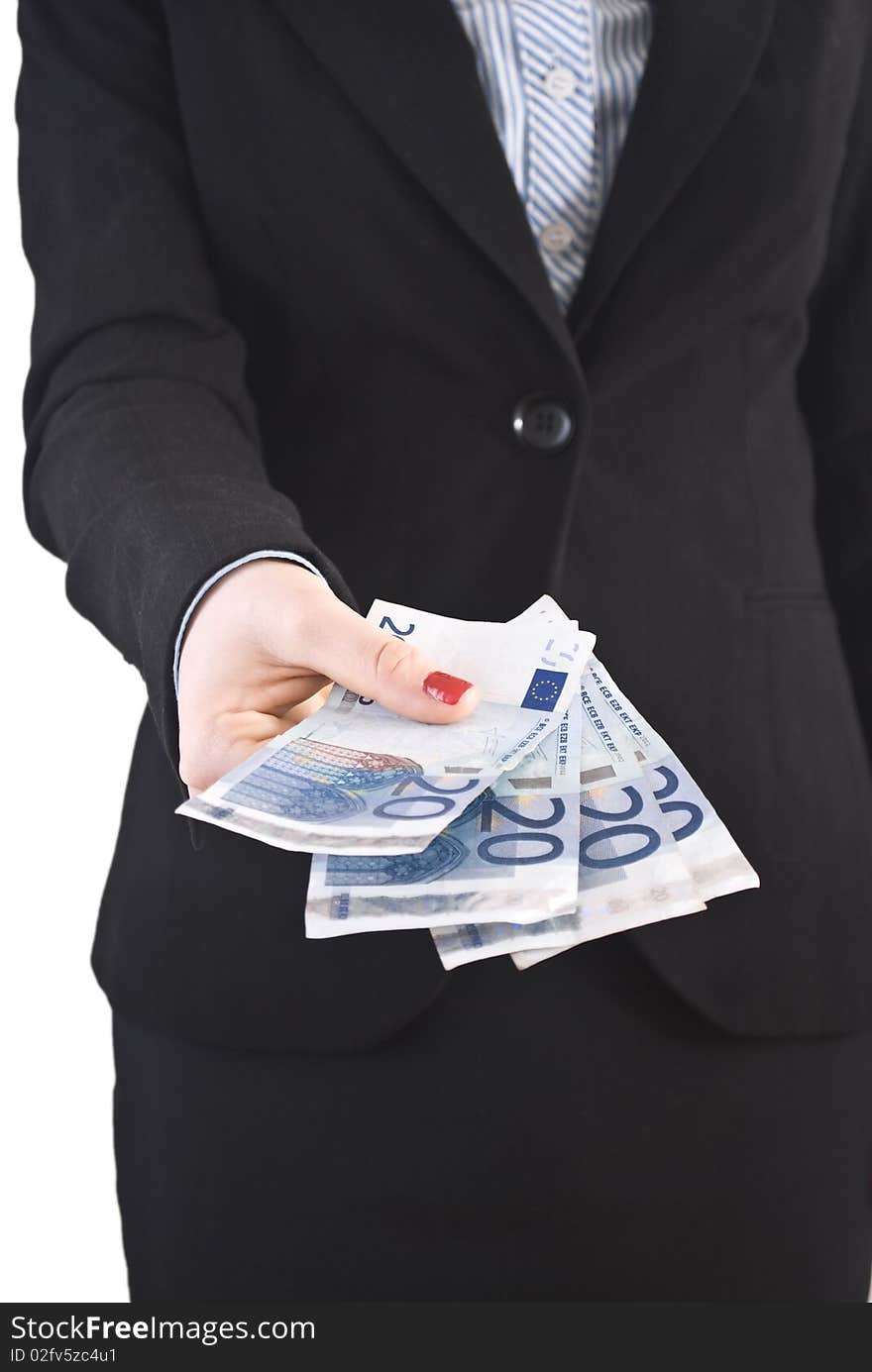 Young businesswoman holding euro notes