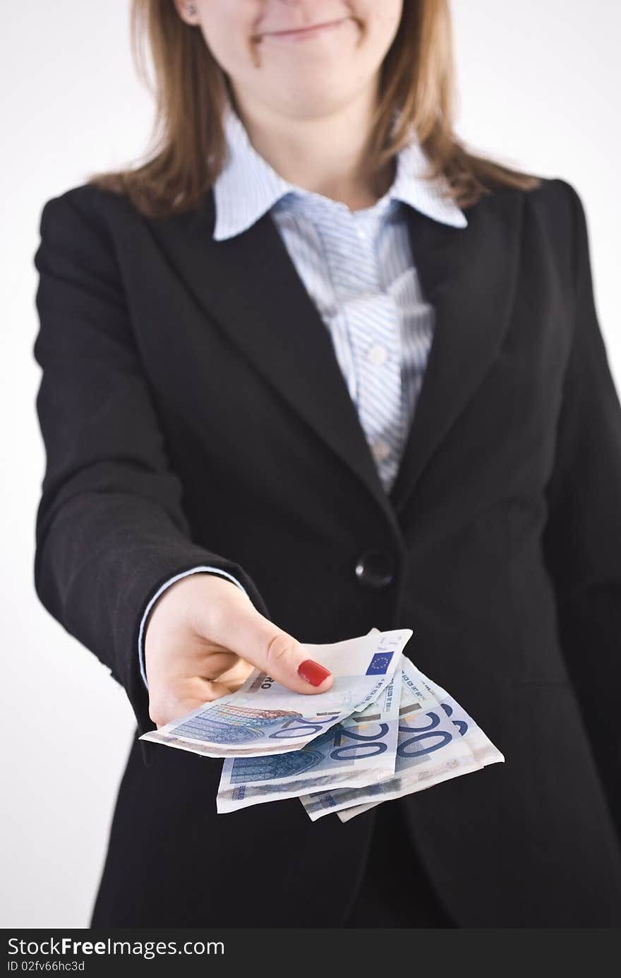 Young businesswoman holding euro notes