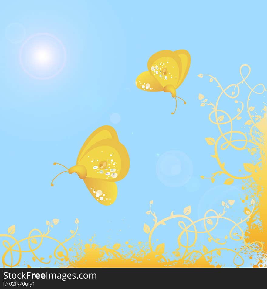 Two yellow butterflies on spring background with bright foliage in vector format. Two yellow butterflies on spring background with bright foliage in vector format