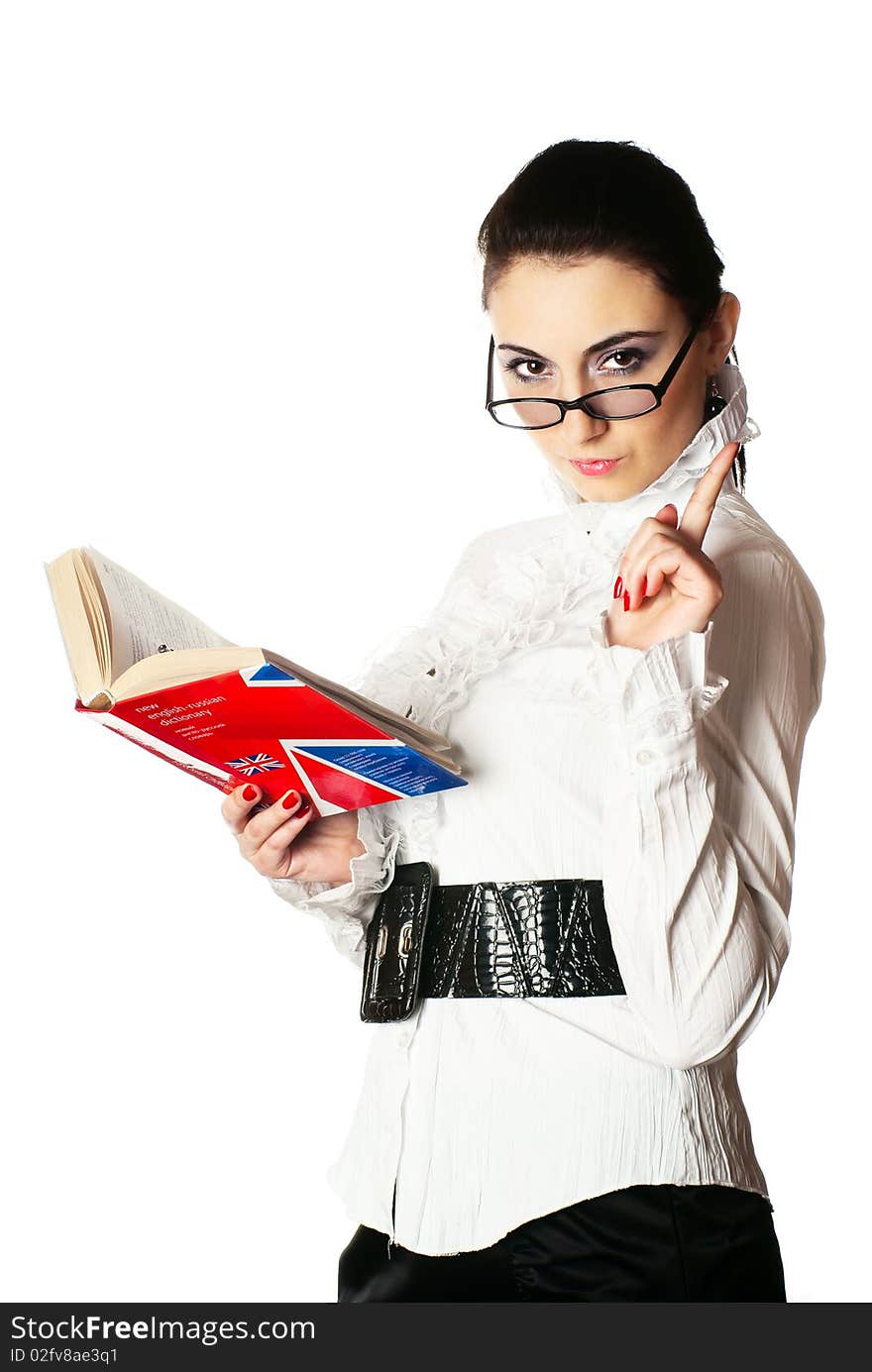 Woman with book and glasses.