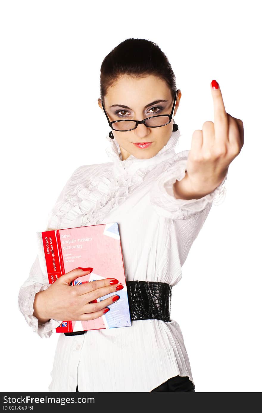 Woman showing middle finger.