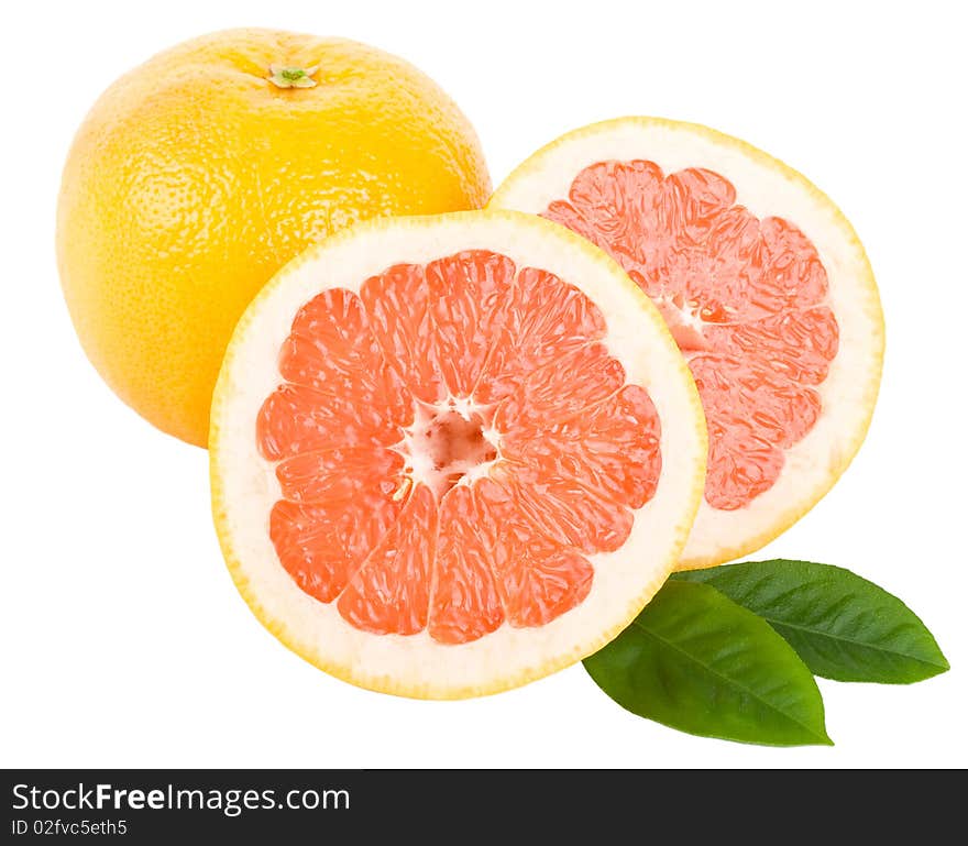 Cut Red Grapefruit With Leaves