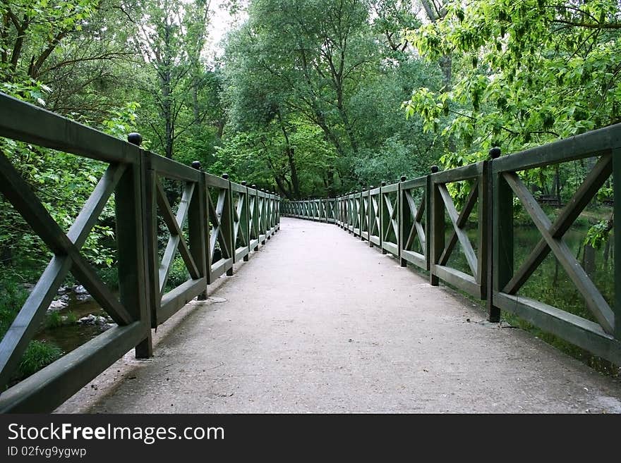 A green,wooden bridge is in a forest on creek.And a way  into forest. A green,wooden bridge is in a forest on creek.And a way  into forest...