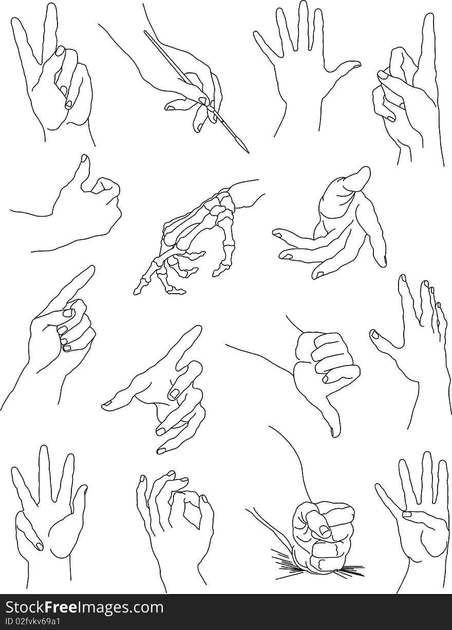 This is a  illustration of a collection of hand gestures. This illustration can easily be colorized. This is a  illustration of a collection of hand gestures. This illustration can easily be colorized.