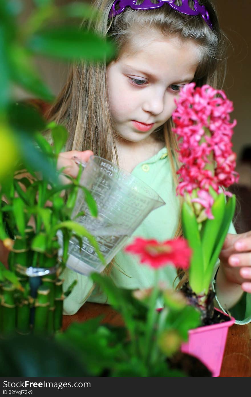 An image of a nice girl watering pink flowers