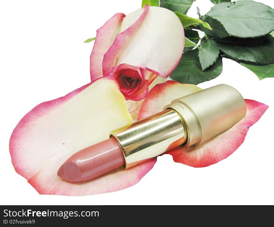 Red Lipstick With Rose On Background